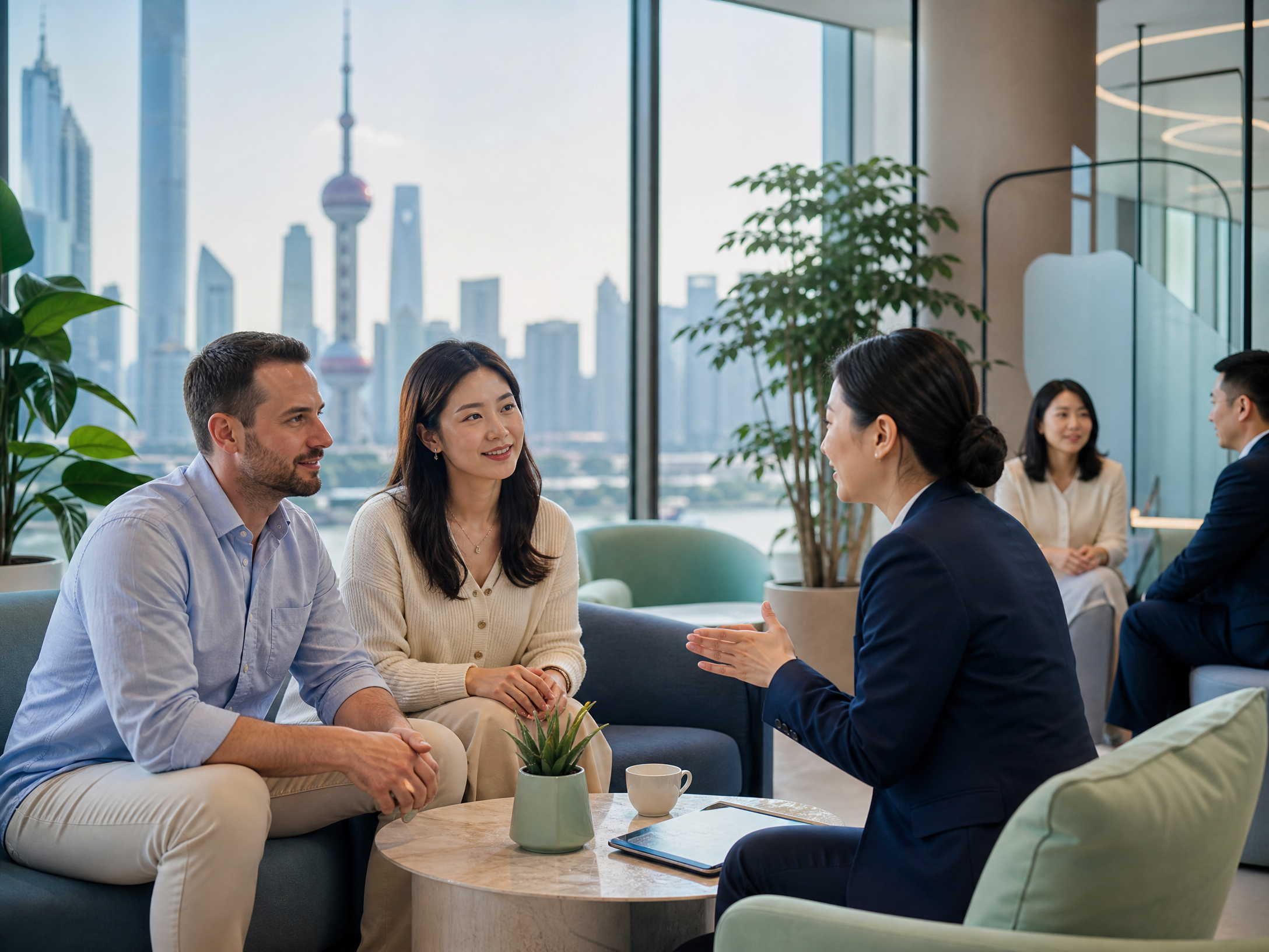 Bright FinancalBond banking interior with customer service desks