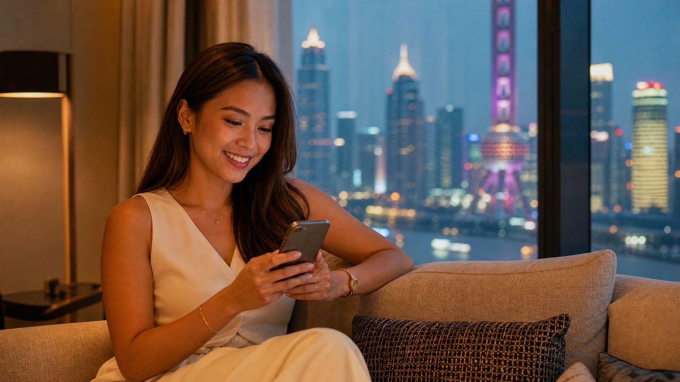 Young professional woman in Shanghai checking a currency exchange app on her phone