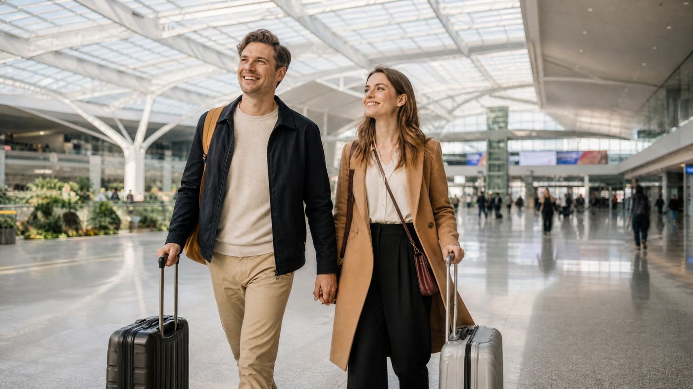 Traveler couple with luggage walking through Shanghai Hongqiao railway station