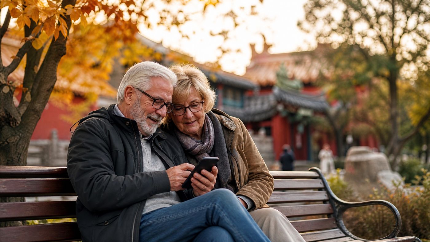 Elderly expat couple looking at a phone together in a Chinese city park