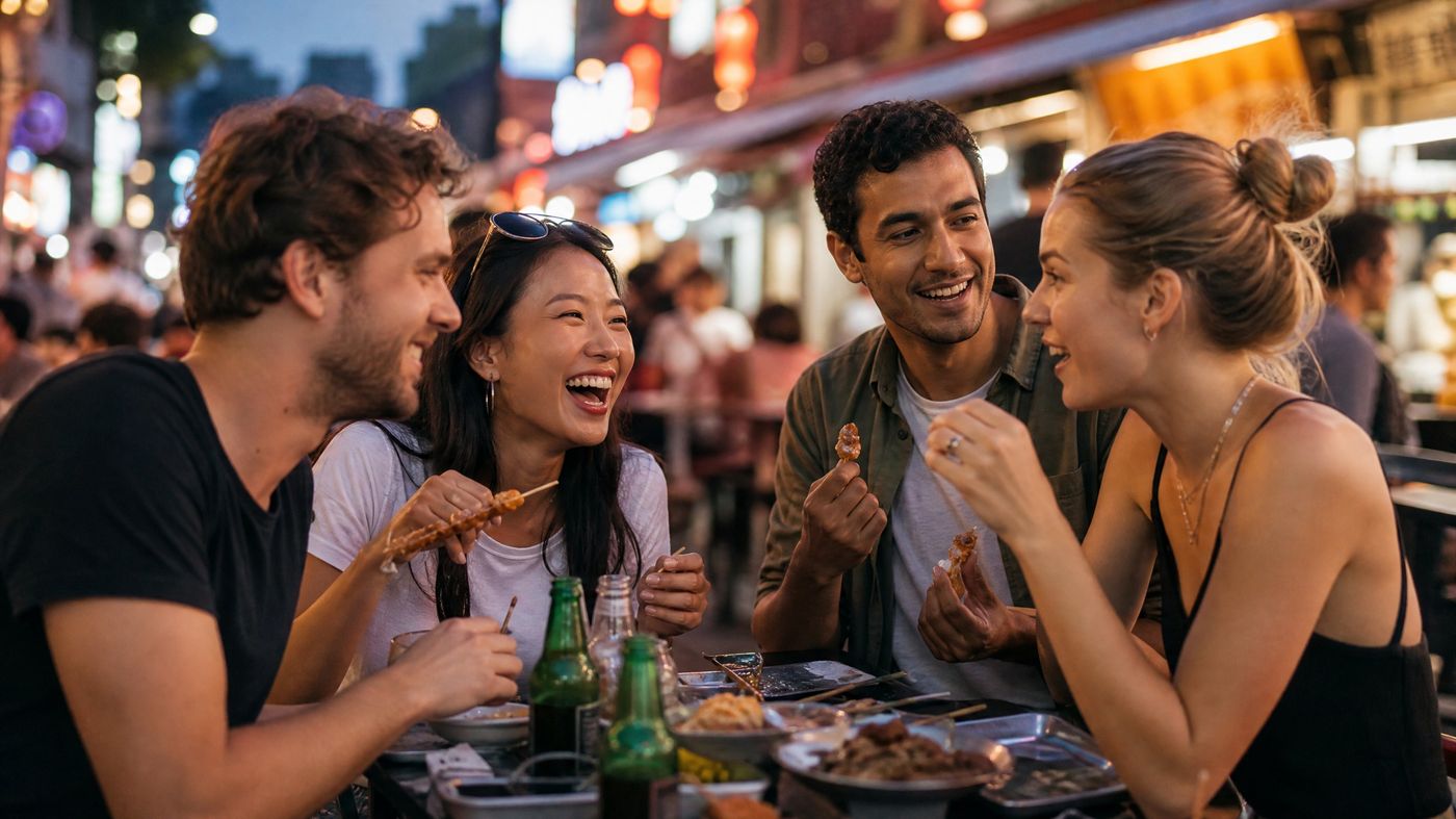 Group of young expat friends laughing at an outdoor Shanghai food street at night